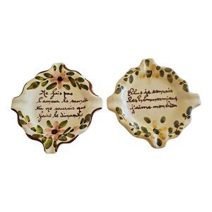 Set Of 2 Vintage French Ceramic Ashtrays Funny Sayings Poem Floral Design